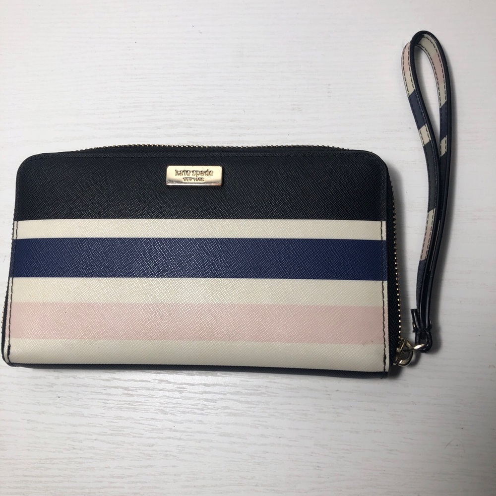 Kate Spade Laurel Way Wristlet Zip Around Wallet Stripped Black Cream
